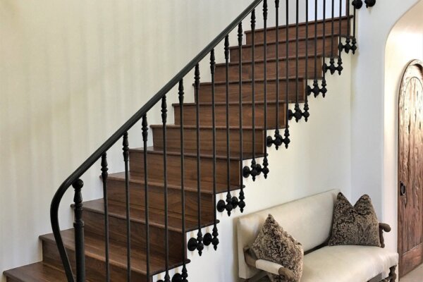 classic black railings wooden steps