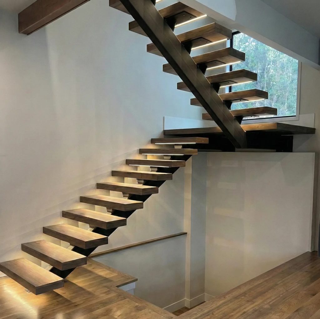 Modern mono-stringer floating staircase in Kirkland with under-tread LED lighting. Features a central black steel beam, thick wood treads, and an open riser design.