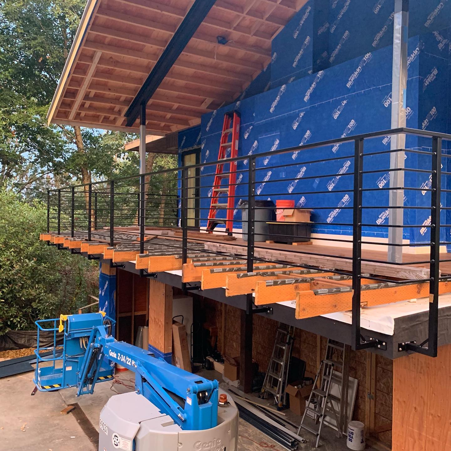 Modern black metal deck railings installed on an elevated deck in Mercer Island WA